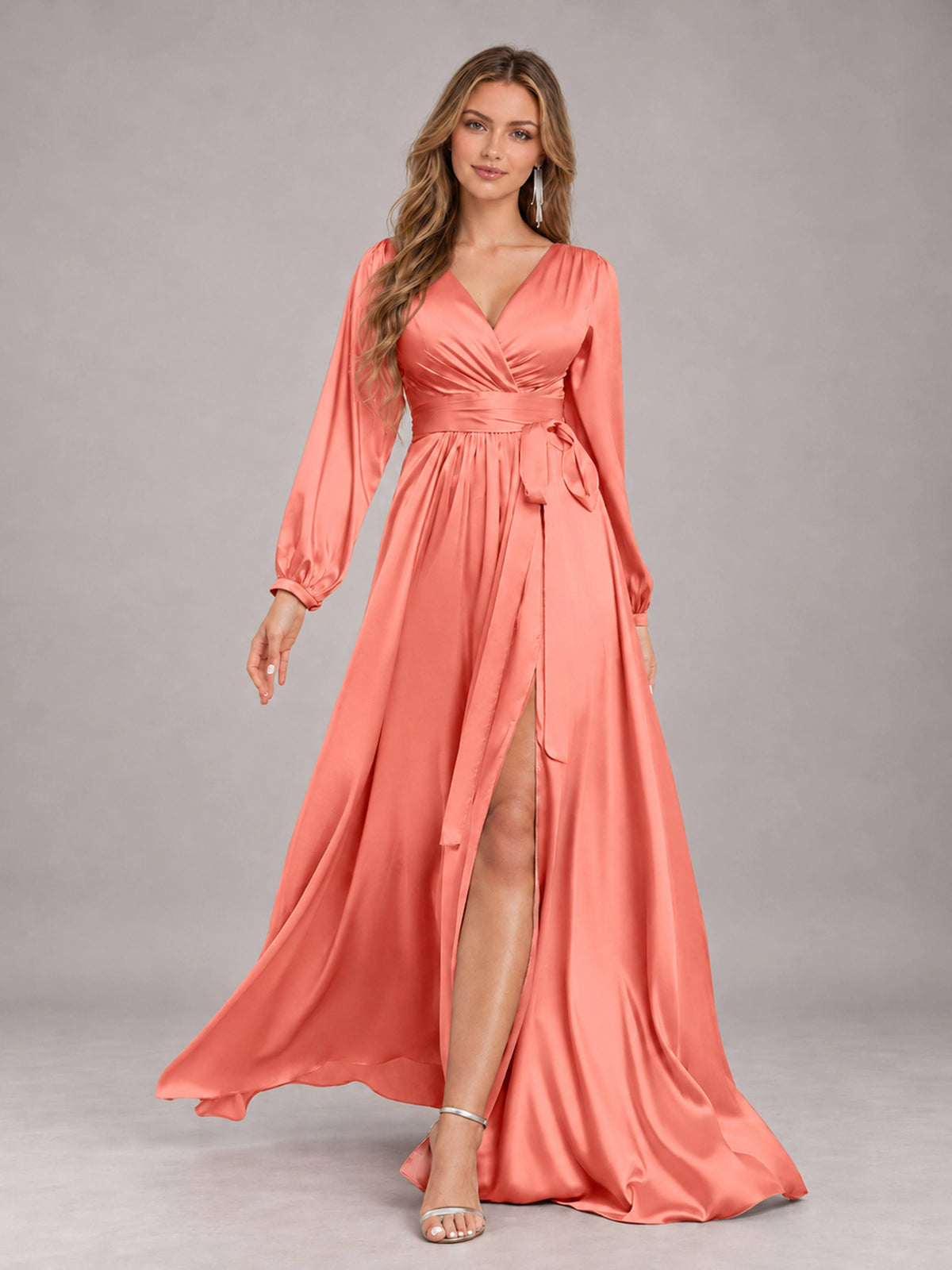 Coral Gorgeous V-Neck Long Sleeves Pleated Satin Formal Bridesmaid Dresses With Slit