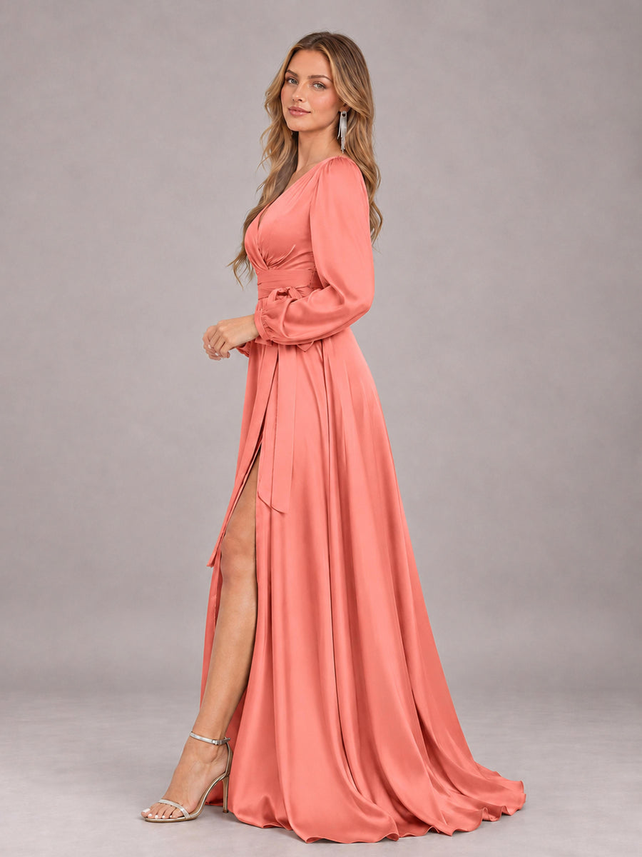 Coral Gorgeous V-Neck Long Sleeves Pleated Satin Formal Bridesmaid Dresses With Slit