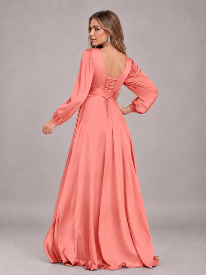 Coral Gorgeous V-Neck Long Sleeves Pleated Satin Formal Bridesmaid Dresses With Slit