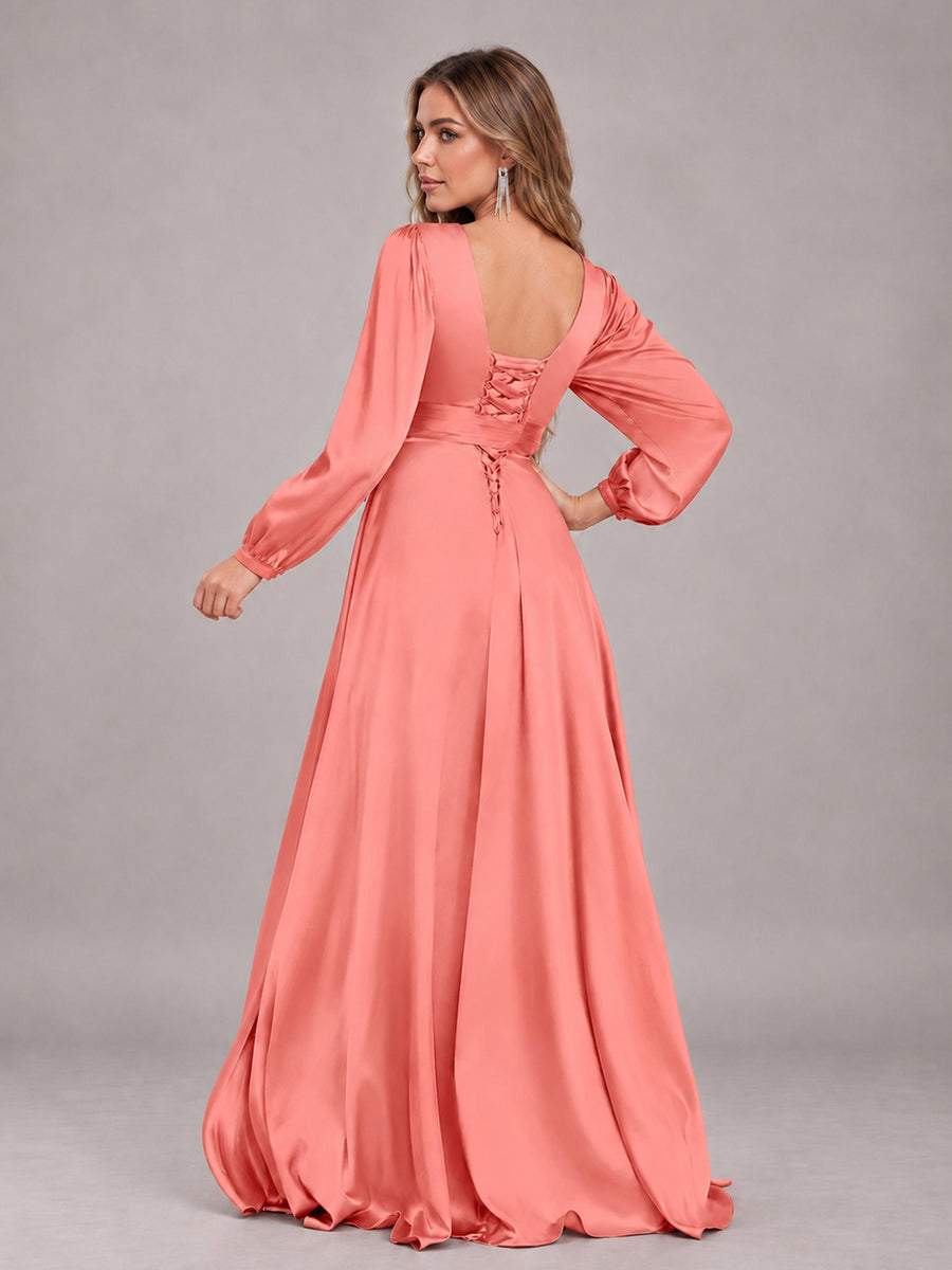 Coral Gorgeous V-Neck Long Sleeves Pleated Satin Formal Bridesmaid Dresses With Slit