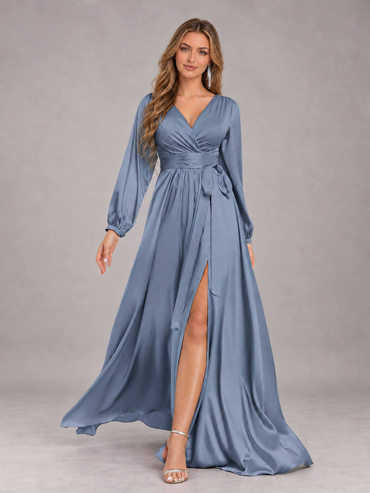 Dusty Blue Gorgeous V-Neck Long Sleeves Pleated Satin Formal Bridesmaid Dresses With Slit