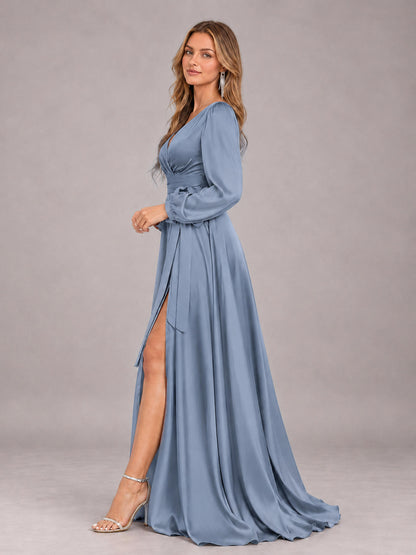 Dusty Blue Gorgeous V-Neck Long Sleeves Pleated Satin Formal Bridesmaid Dresses With Slit
