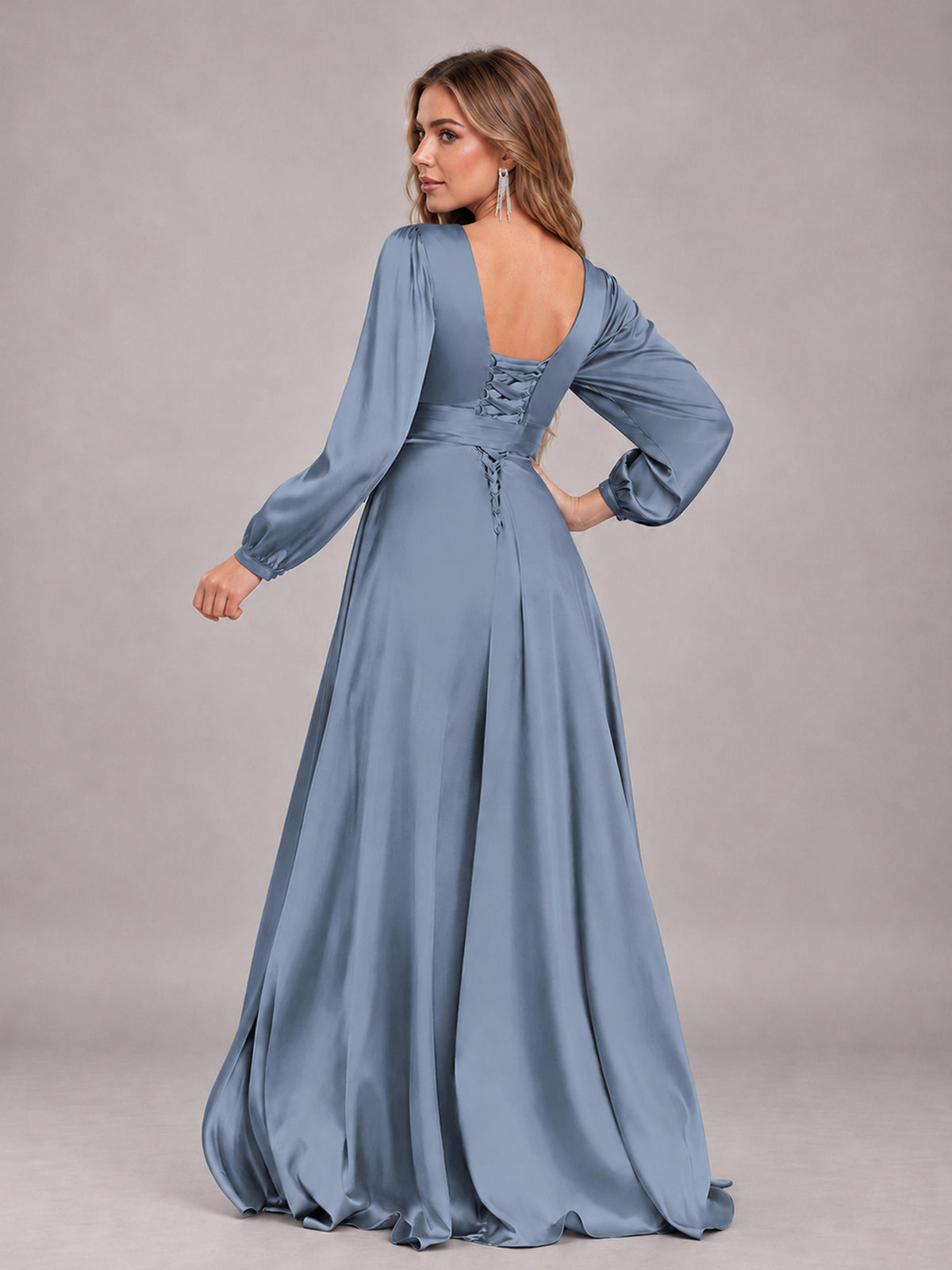 Dusty Blue Gorgeous V-Neck Long Sleeves Pleated Satin Formal Bridesmaid Dresses With Slit