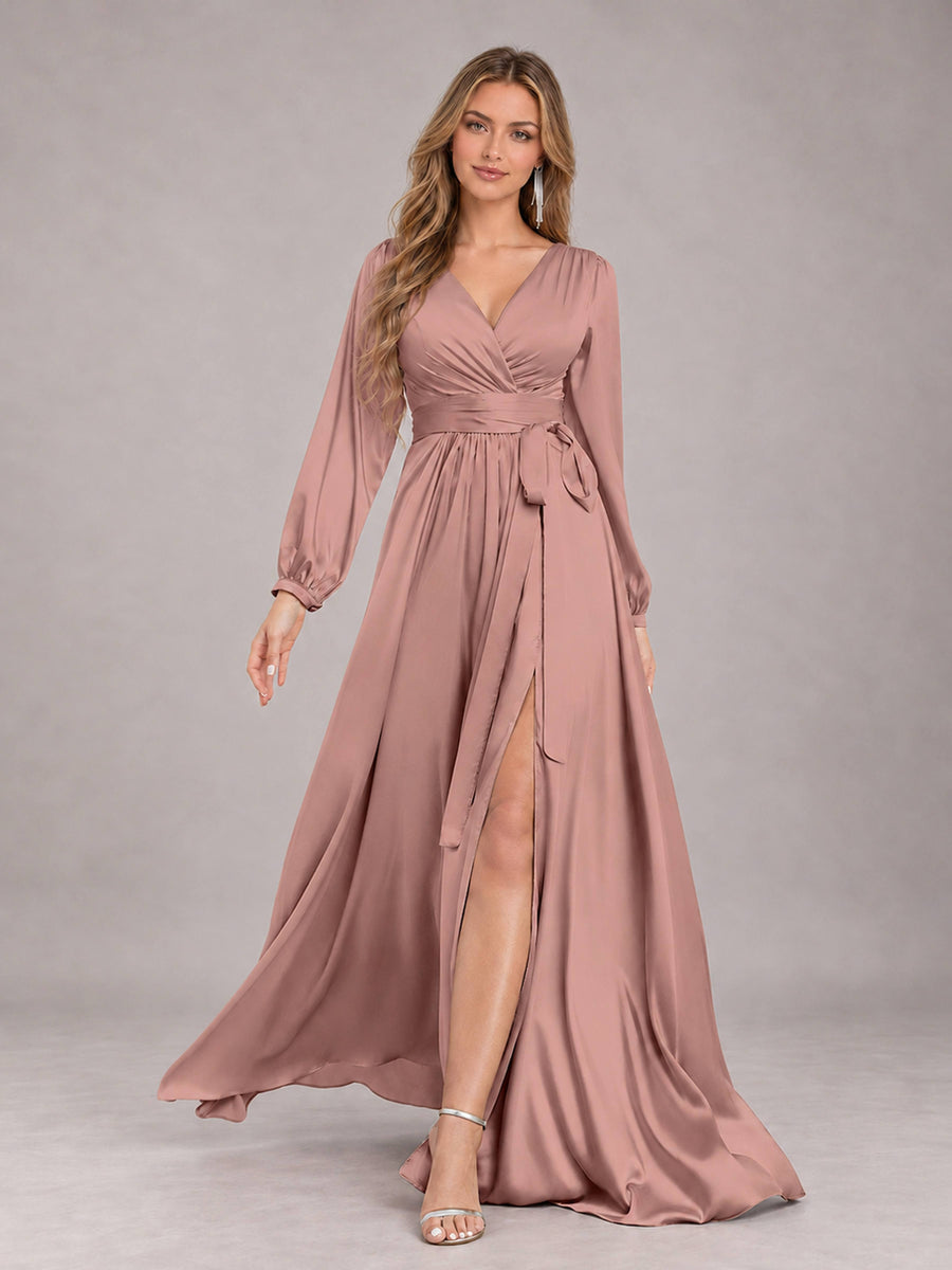 Dusty Rose Gorgeous V-Neck Long Sleeves Pleated Satin Formal Bridesmaid Dresses With Slit