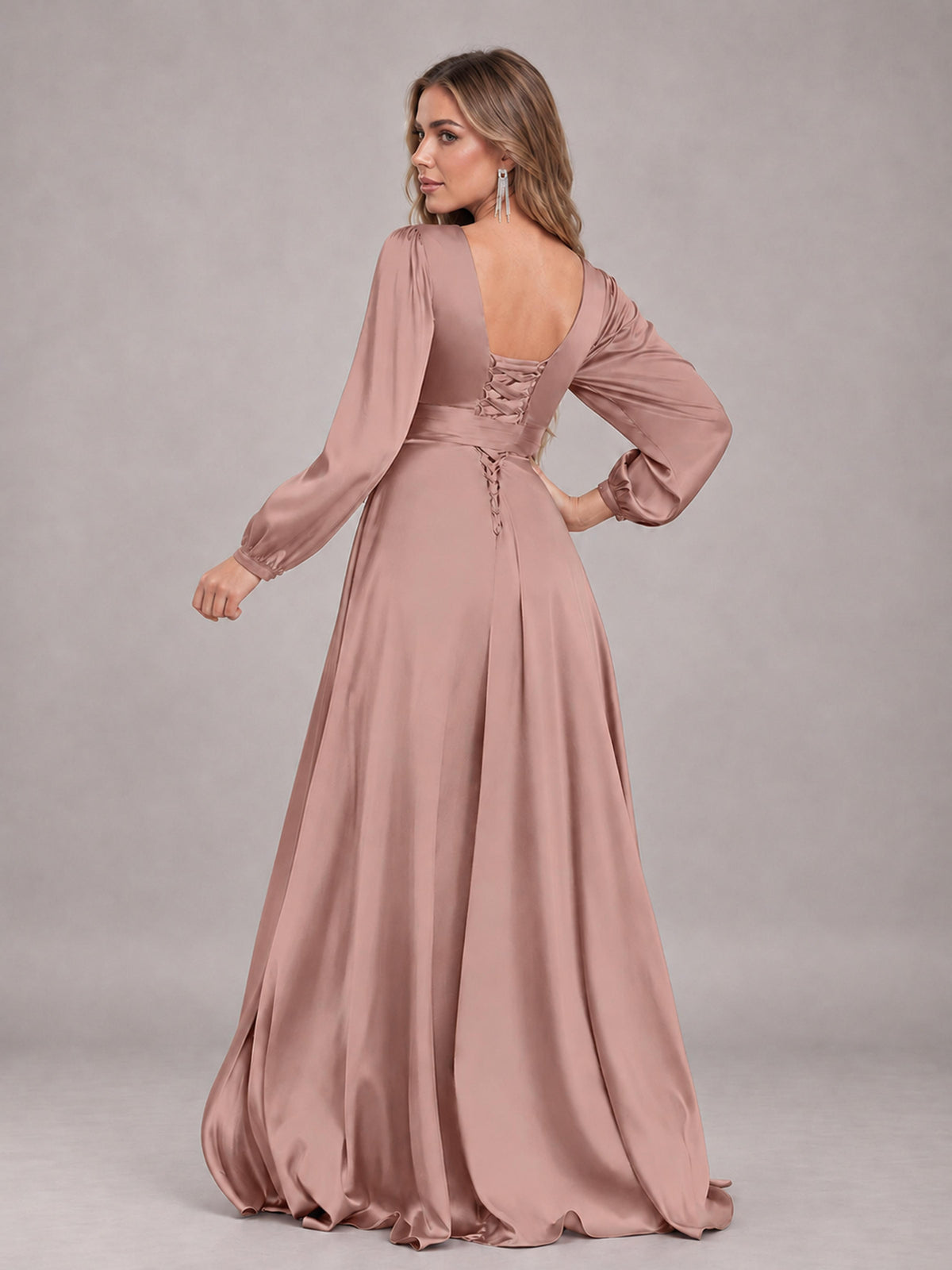 Dusty Rose Gorgeous V-Neck Long Sleeves Pleated Satin Formal Bridesmaid Dresses With Slit