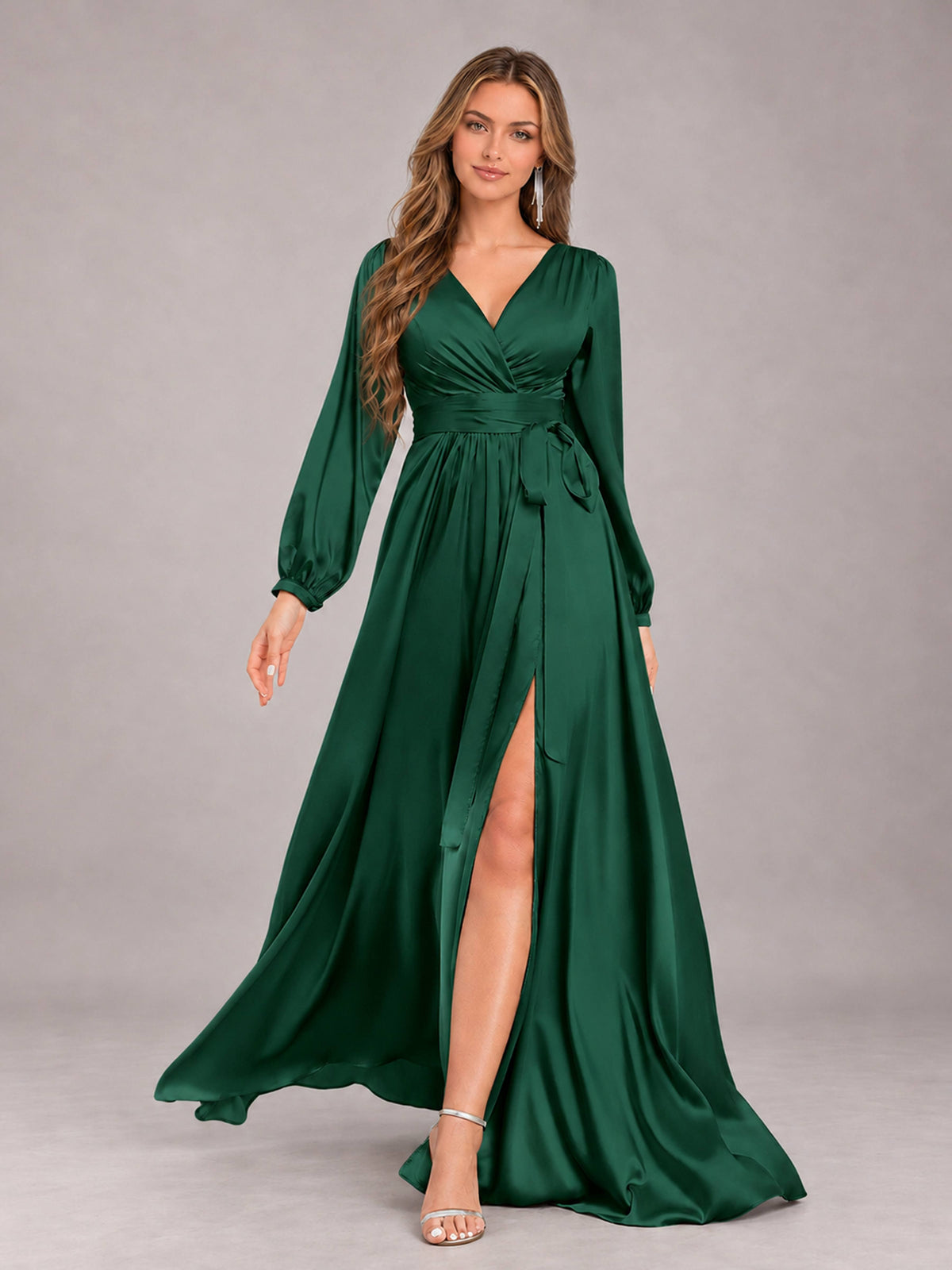 Emerald Green Gorgeous V-Neck Long Sleeves Pleated Satin Formal Bridesmaid Dresses With Slit