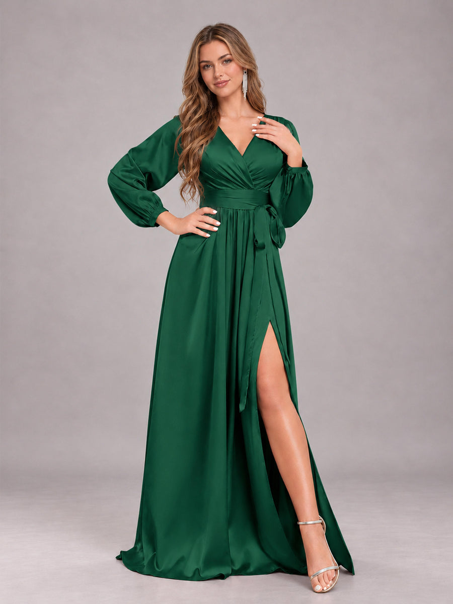 Emerald Green Gorgeous V-Neck Long Sleeves Pleated Satin Formal Bridesmaid Dresses With Slit