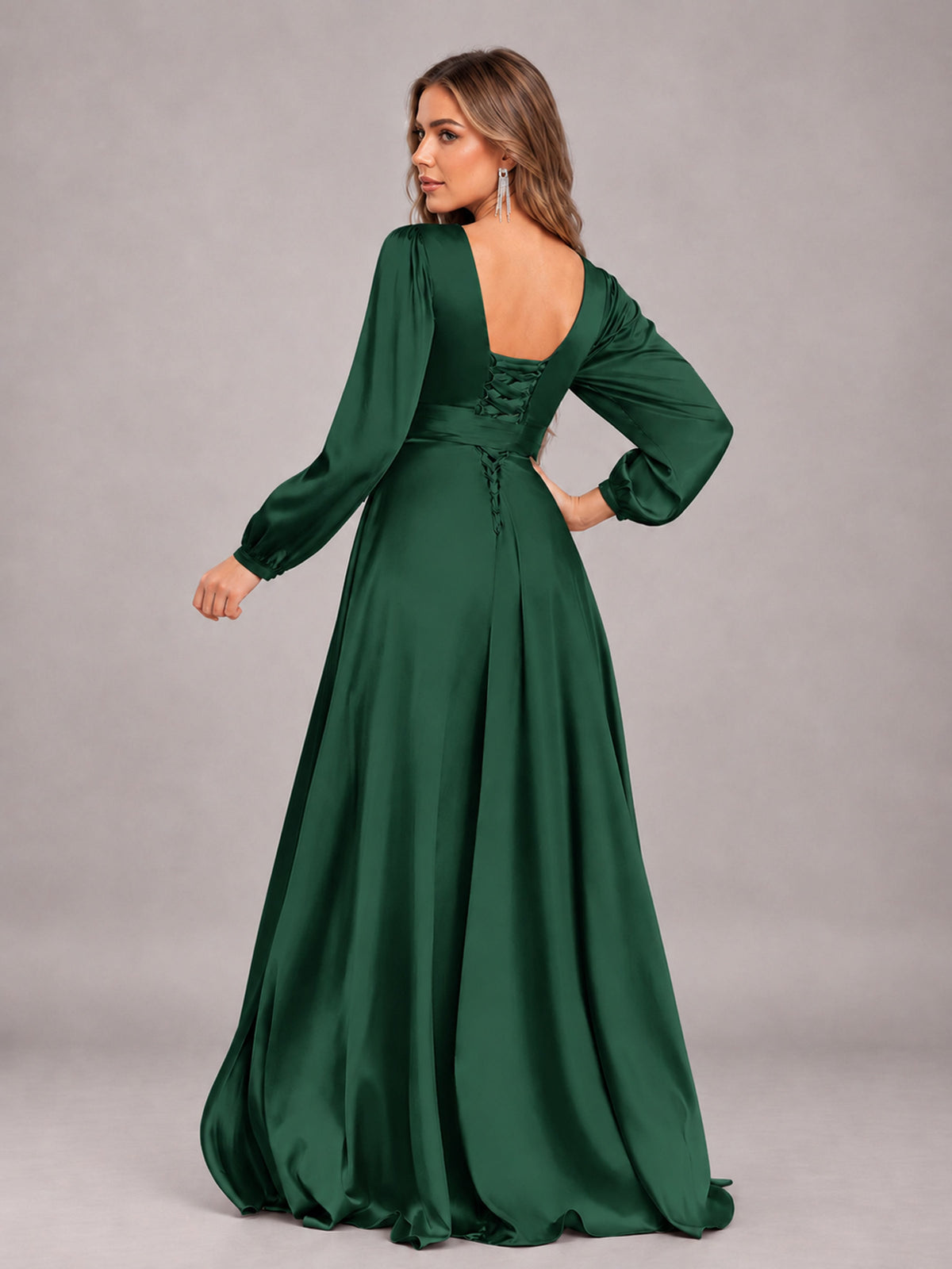 Emerald Green Gorgeous V-Neck Long Sleeves Pleated Satin Formal Bridesmaid Dresses With Slit