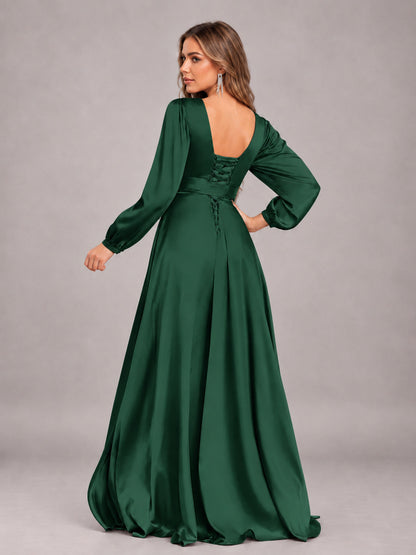 Emerald Green Gorgeous V-Neck Long Sleeves Pleated Satin Formal Bridesmaid Dresses With Slit