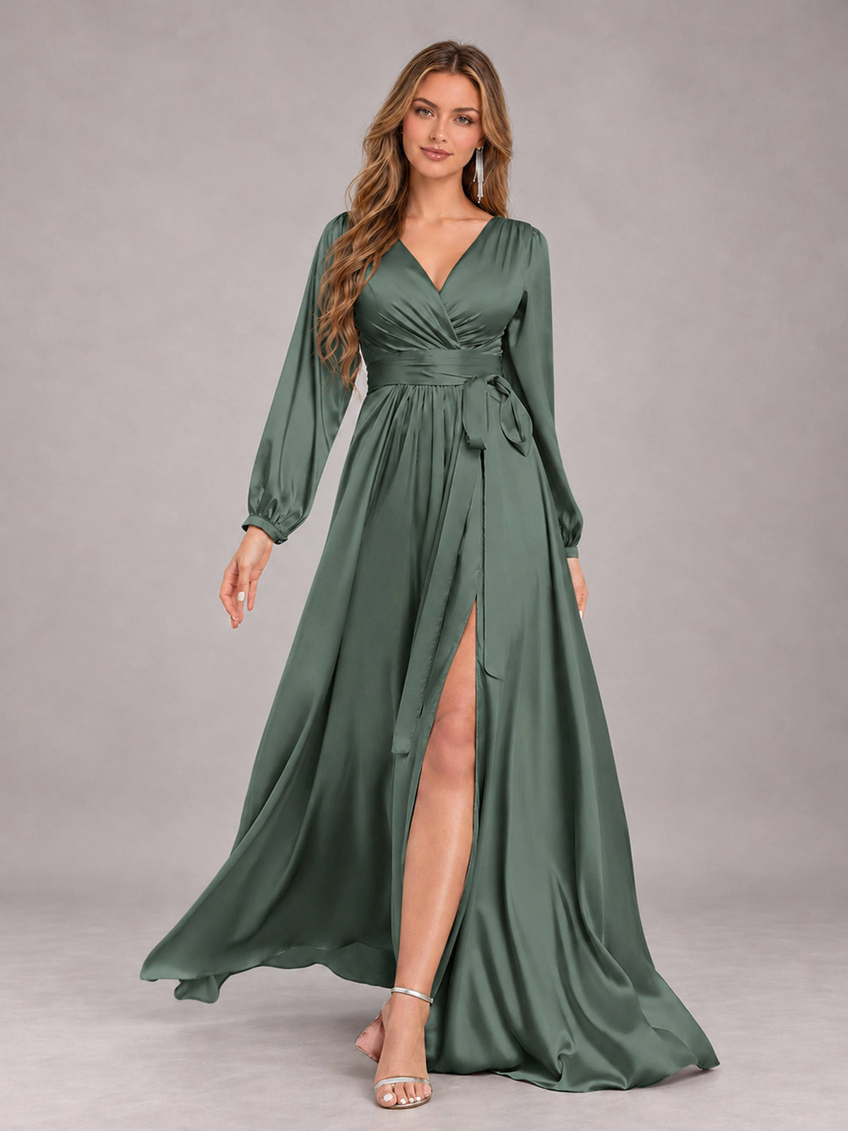 Eucalyptus Gorgeous V-Neck Long Sleeves Pleated Satin Formal Bridesmaid Dresses With Slit