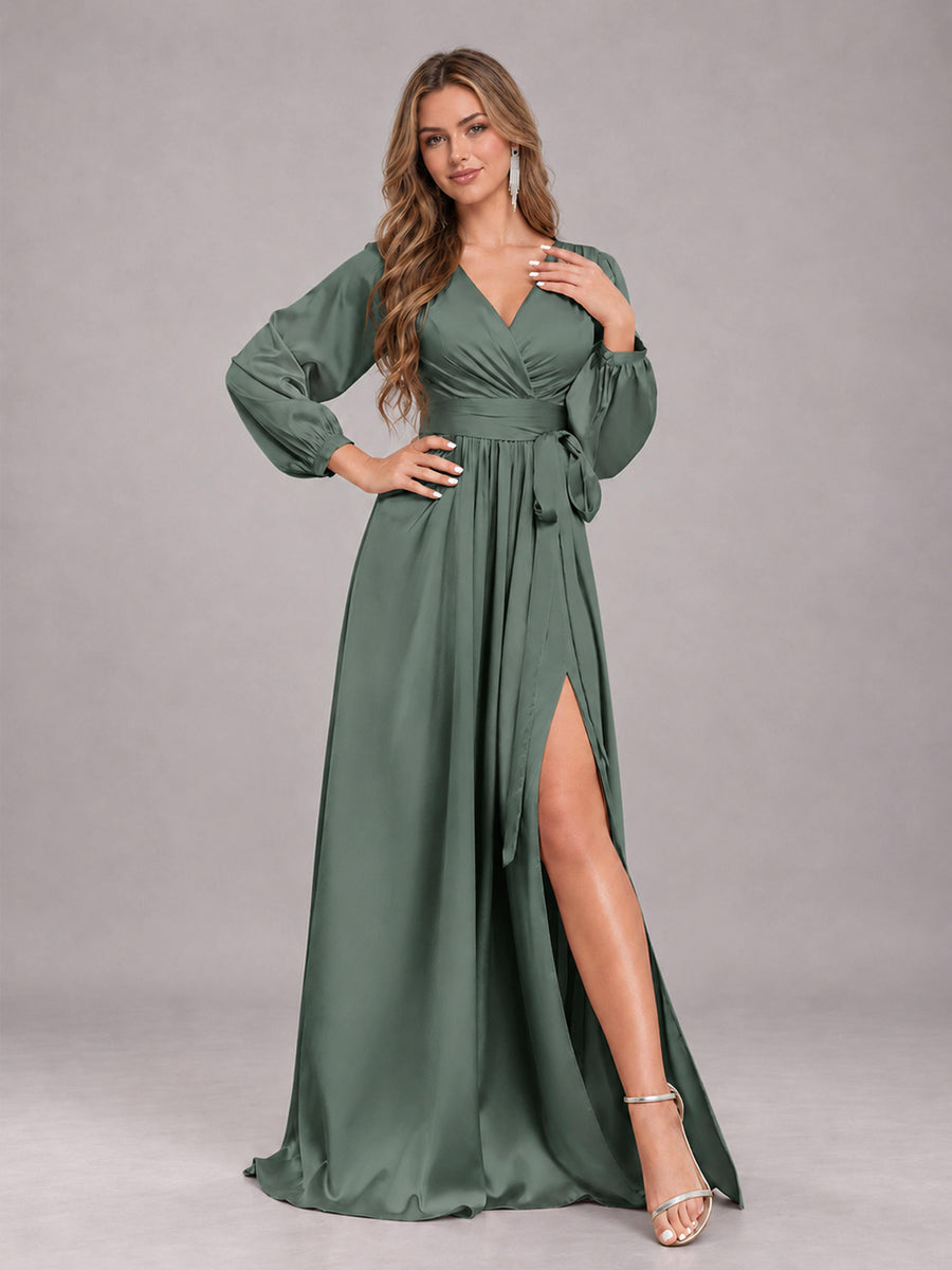Eucalyptus Gorgeous V-Neck Long Sleeves Pleated Satin Formal Bridesmaid Dresses With Slit
