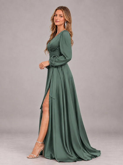 Eucalyptus Gorgeous V-Neck Long Sleeves Pleated Satin Formal Bridesmaid Dresses With Slit