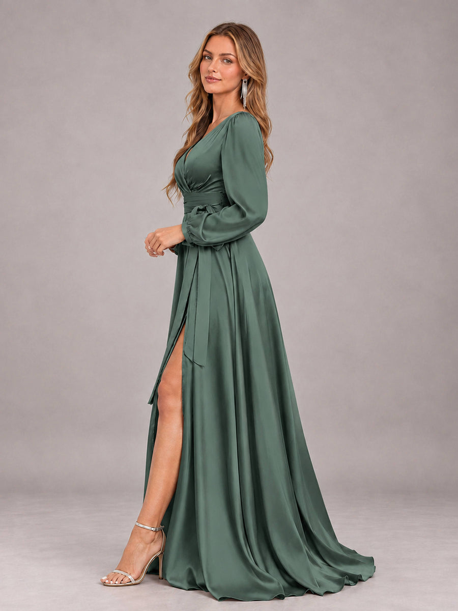 Eucalyptus Gorgeous V-Neck Long Sleeves Pleated Satin Formal Bridesmaid Dresses With Slit