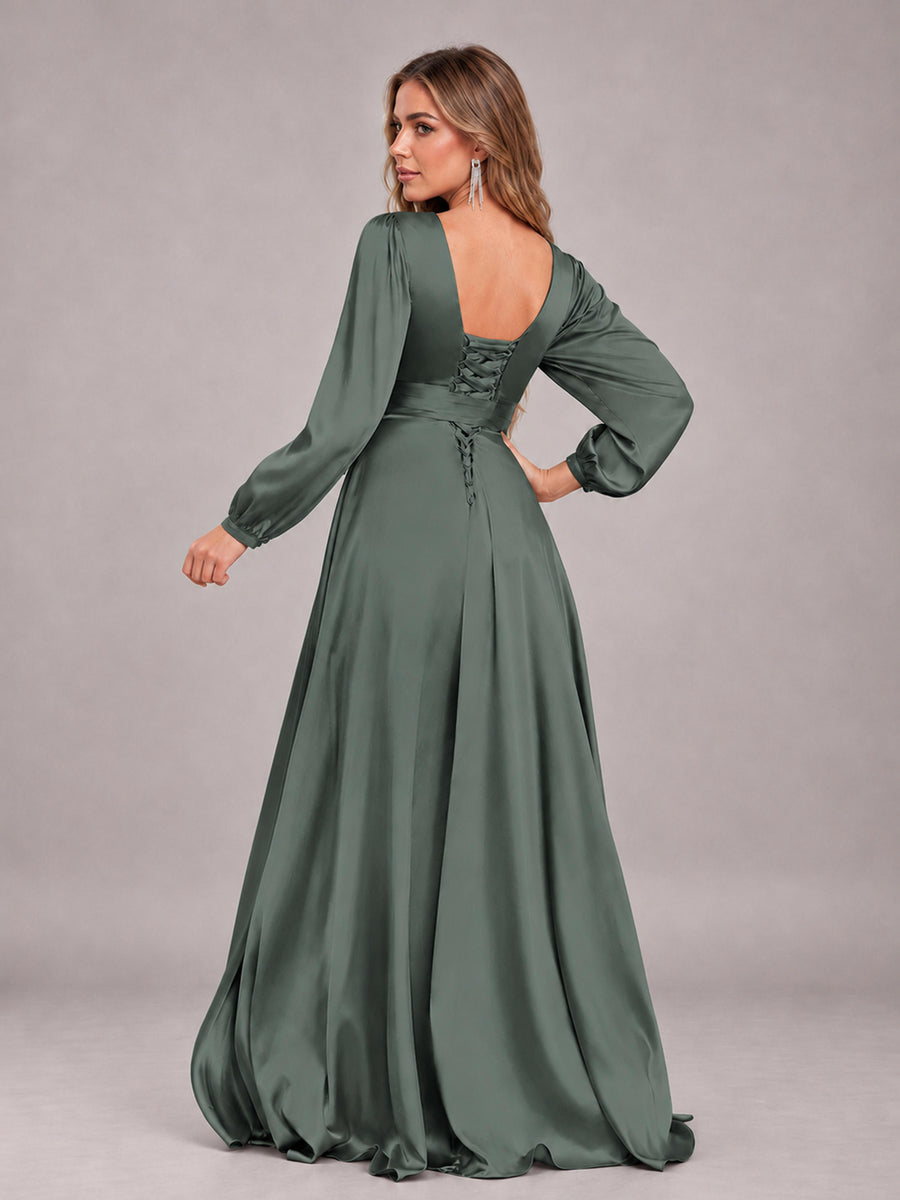 Eucalyptus Gorgeous V-Neck Long Sleeves Pleated Satin Formal Bridesmaid Dresses With Slit