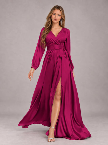 Fuchsia Gorgeous V-Neck Long Sleeves Pleated Satin Formal Bridesmaid Dresses With Slit
