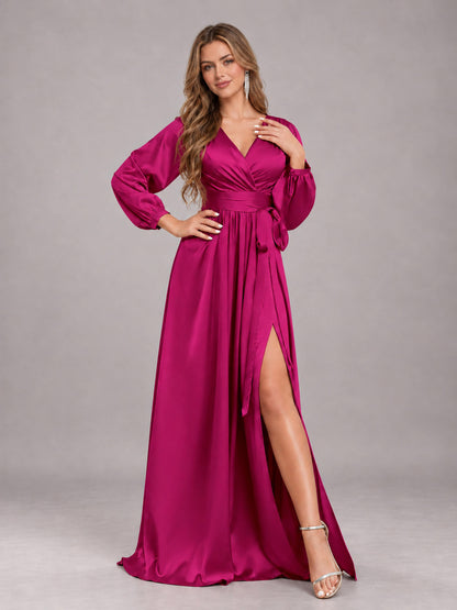 Fuchsia Gorgeous V-Neck Long Sleeves Pleated Satin Formal Bridesmaid Dresses With Slit
