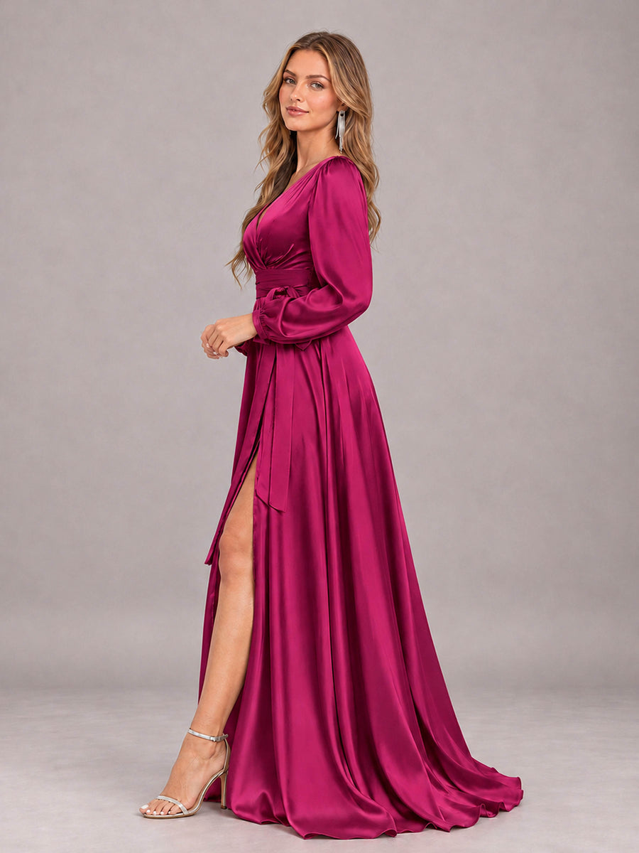 Fuchsia Gorgeous V-Neck Long Sleeves Pleated Satin Formal Bridesmaid Dresses With Slit