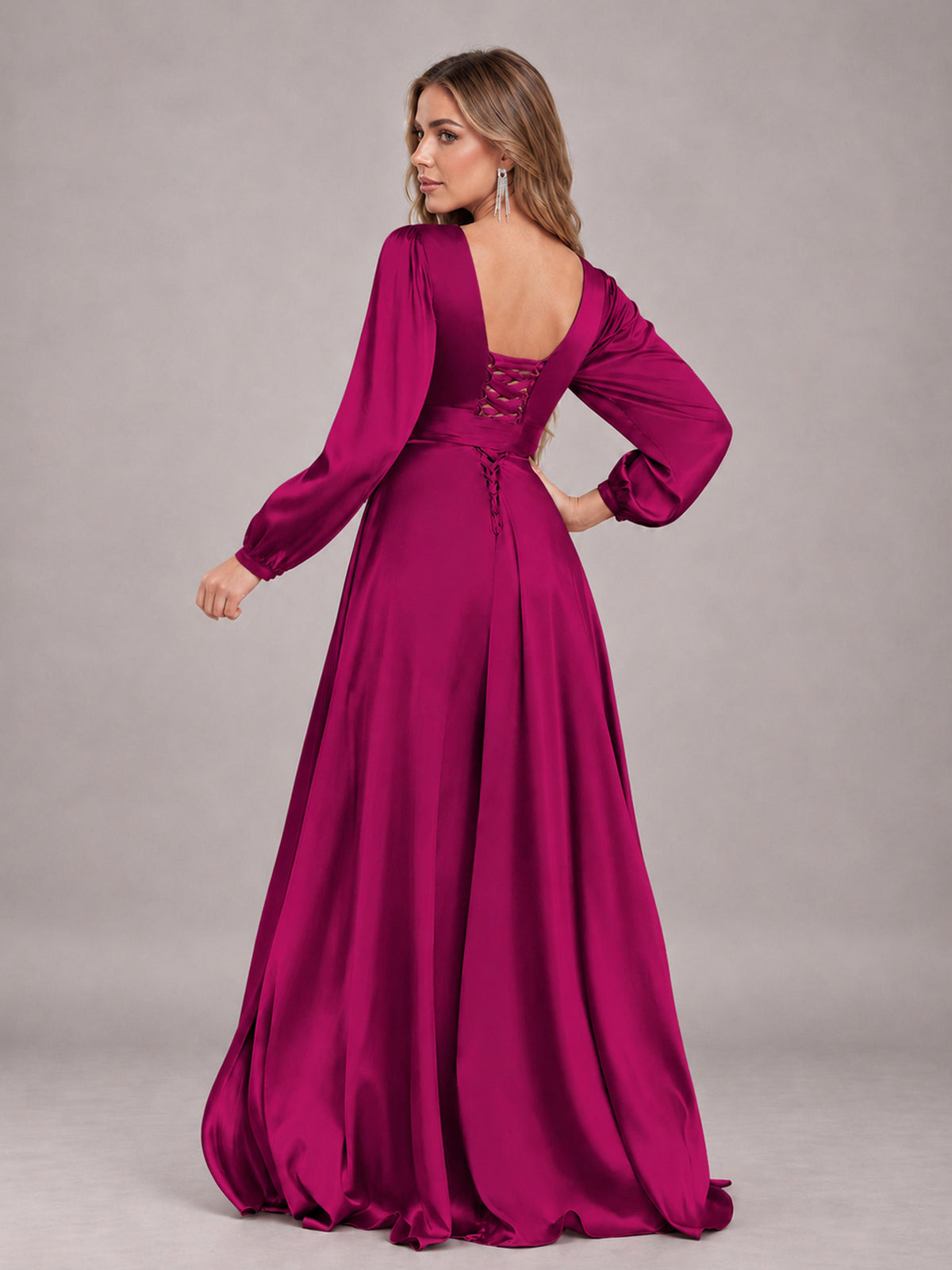 Fuchsia Gorgeous V-Neck Long Sleeves Pleated Satin Formal Bridesmaid Dresses With Slit