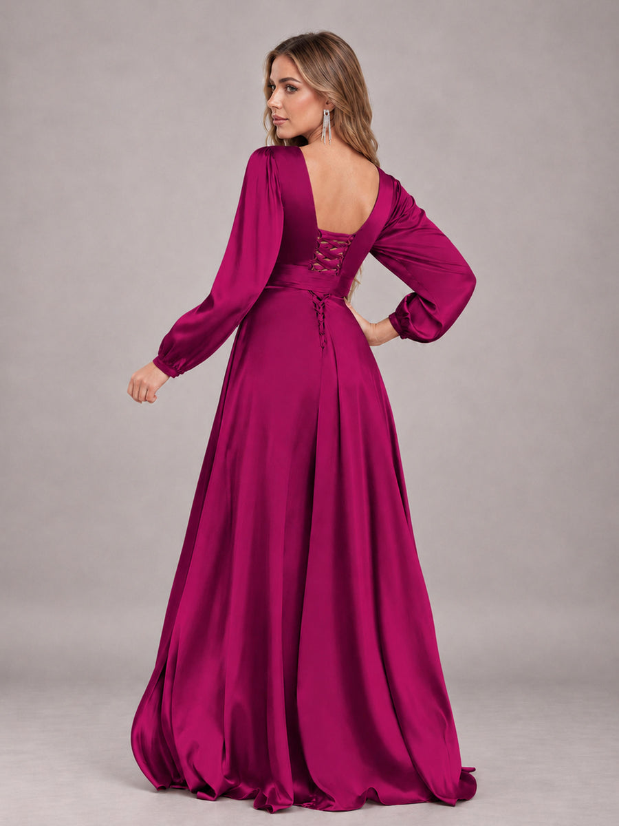 Fuchsia Gorgeous V-Neck Long Sleeves Pleated Satin Formal Bridesmaid Dresses With Slit