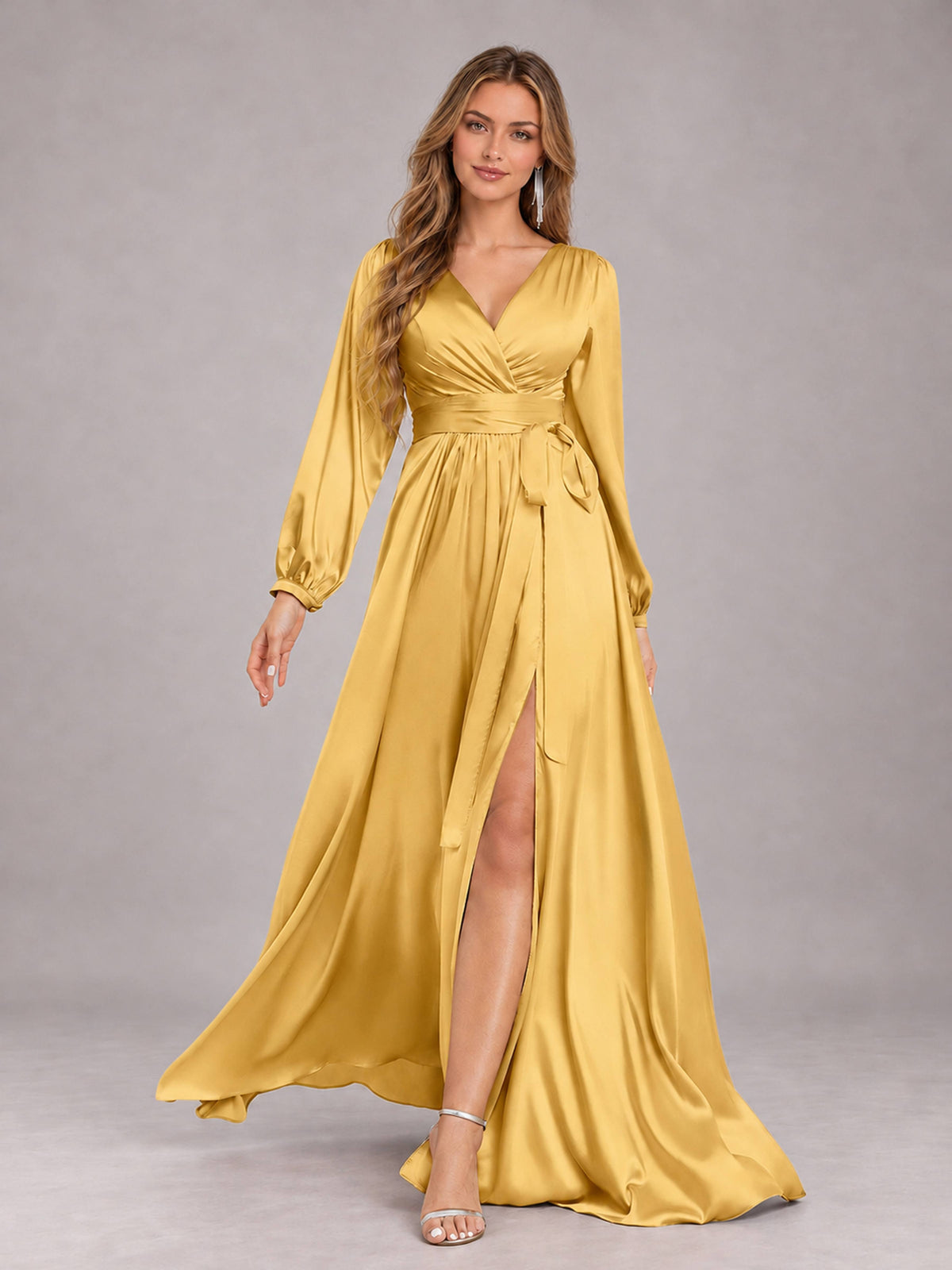 Gold Gorgeous V-Neck Long Sleeves Pleated Satin Formal Bridesmaid Dresses With Slit