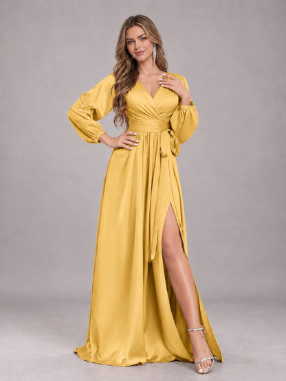 Gold Gorgeous V-Neck Long Sleeves Pleated Satin Formal Bridesmaid Dresses With Slit