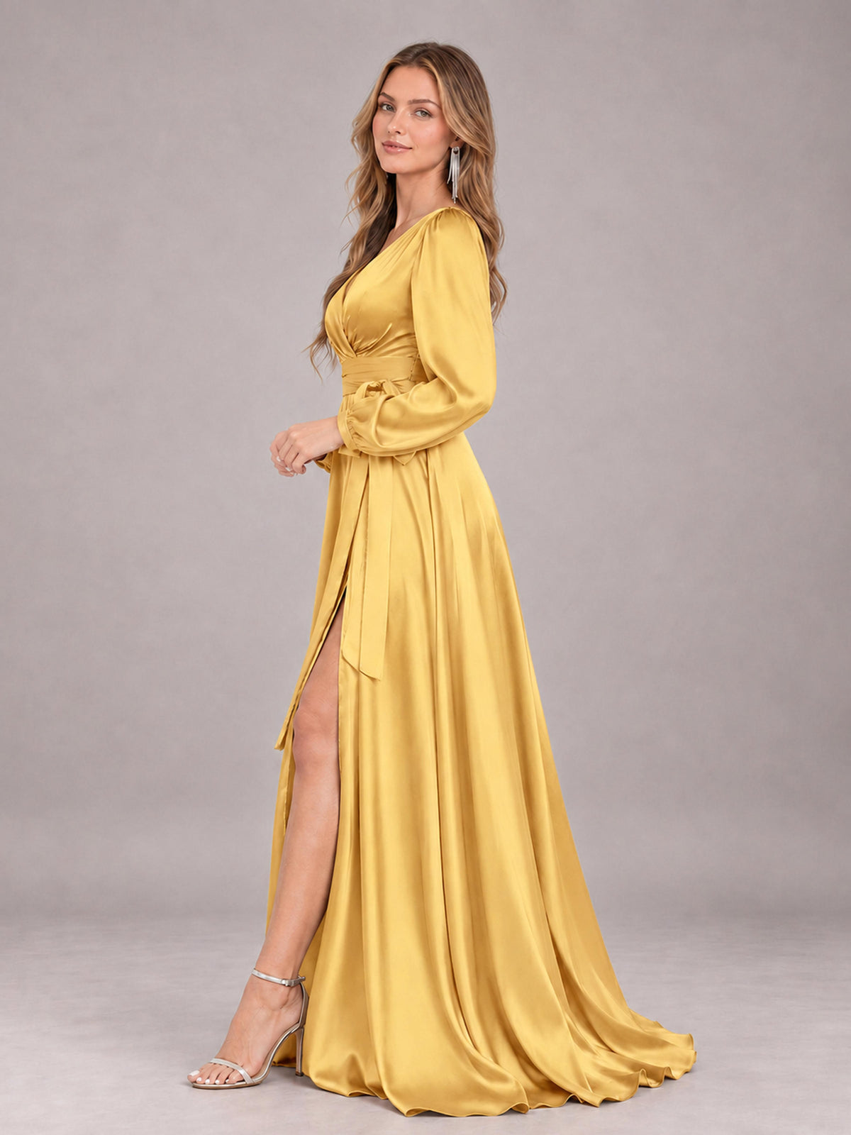 Gold Gorgeous V-Neck Long Sleeves Pleated Satin Formal Bridesmaid Dresses With Slit