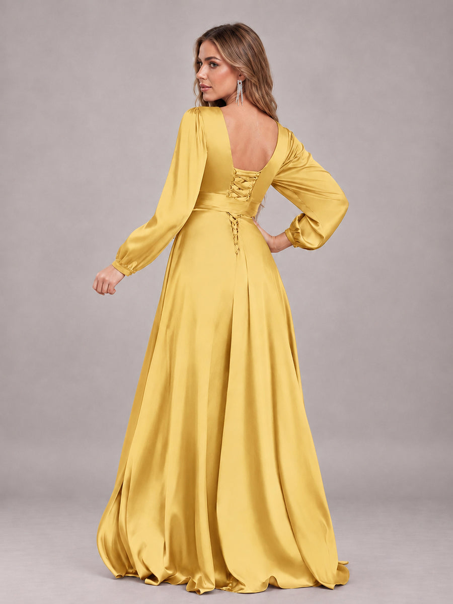 Gold Gorgeous V-Neck Long Sleeves Pleated Satin Formal Bridesmaid Dresses With Slit