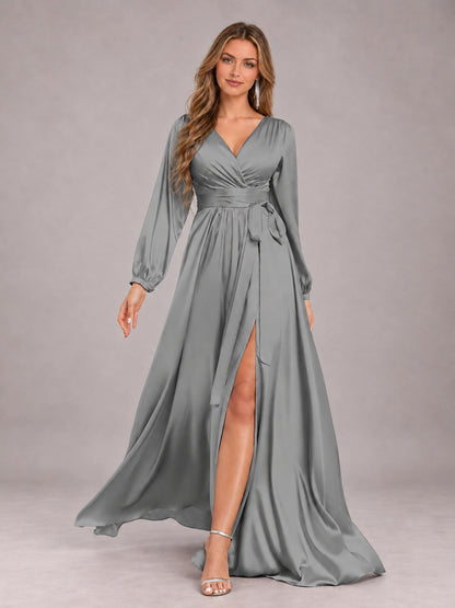 Grey Gorgeous V-Neck Long Sleeves Pleated Satin Formal Bridesmaid Dresses With Slit