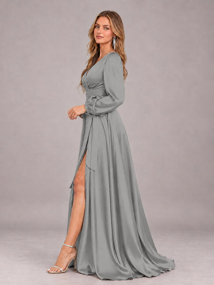 Grey Gorgeous V-Neck Long Sleeves Pleated Satin Formal Bridesmaid Dresses With Slit