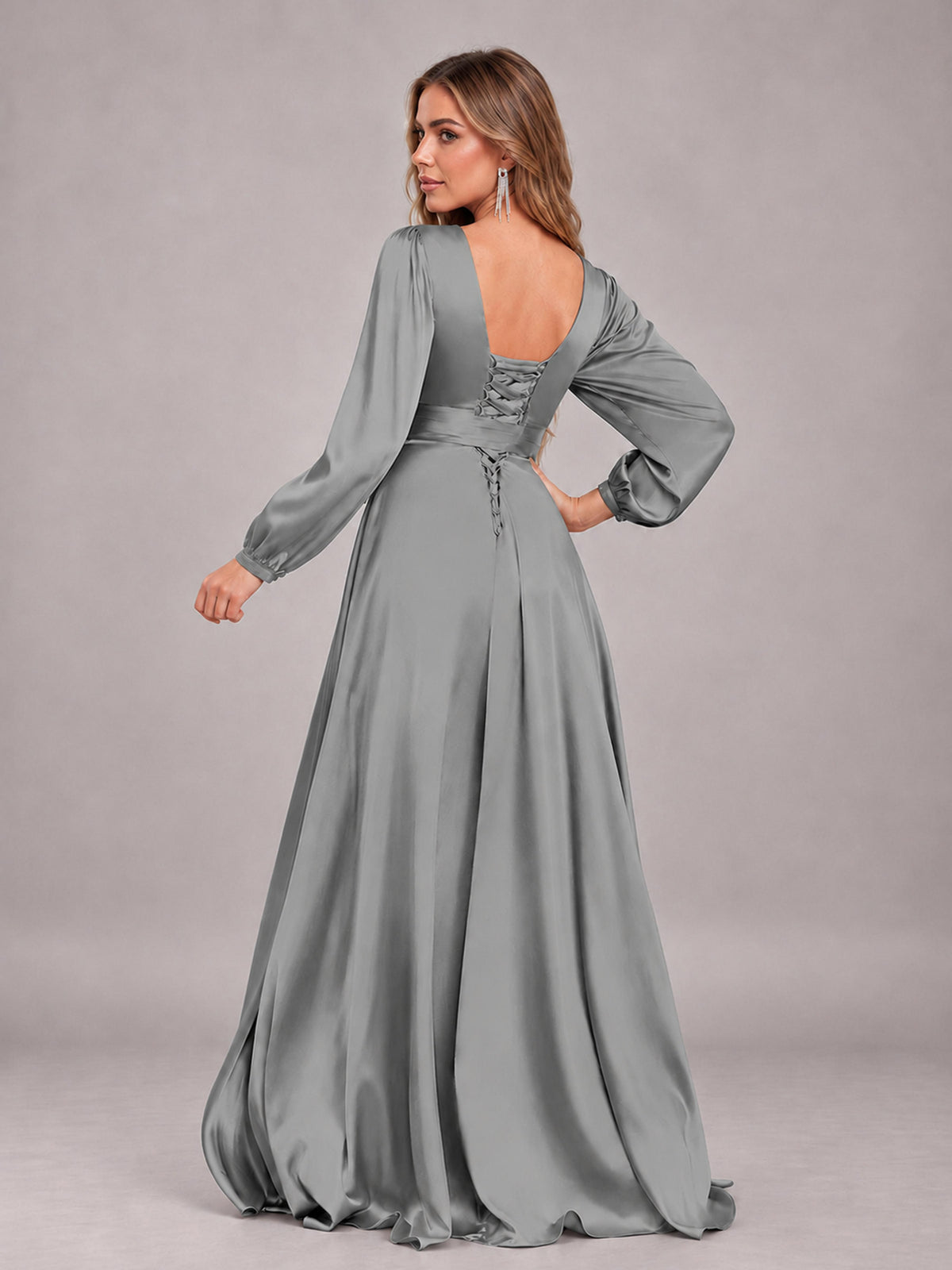 Grey Gorgeous V-Neck Long Sleeves Pleated Satin Formal Bridesmaid Dresses With Slit