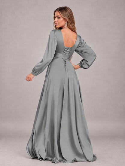 Grey Gorgeous V-Neck Long Sleeves Pleated Satin Formal Bridesmaid Dresses With Slit