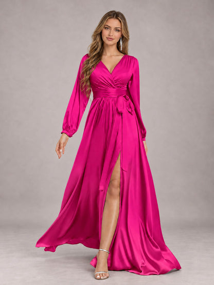 Hot Pink Gorgeous V-Neck Long Sleeves Pleated Satin Formal Bridesmaid Dresses With Slit