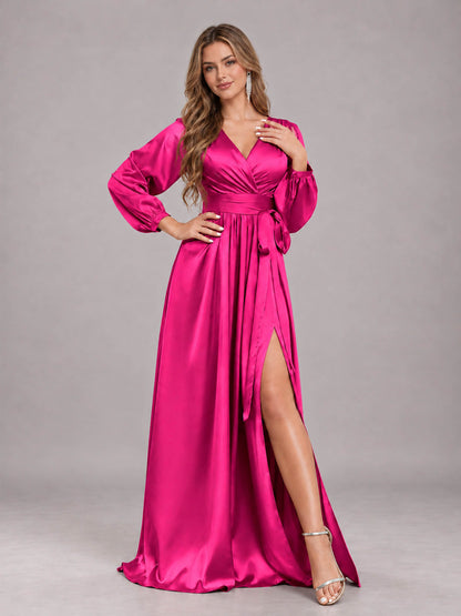 Hot Pink Gorgeous V-Neck Long Sleeves Pleated Satin Formal Bridesmaid Dresses With Slit