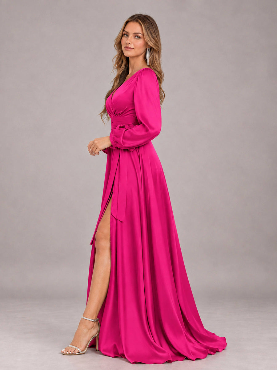 Hot Pink Gorgeous V-Neck Long Sleeves Pleated Satin Formal Bridesmaid Dresses With Slit