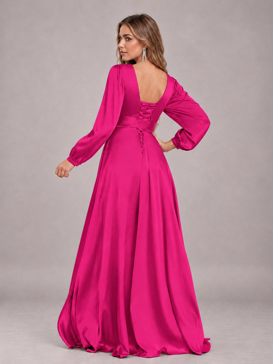 Hot Pink Gorgeous V-Neck Long Sleeves Pleated Satin Formal Bridesmaid Dresses With Slit