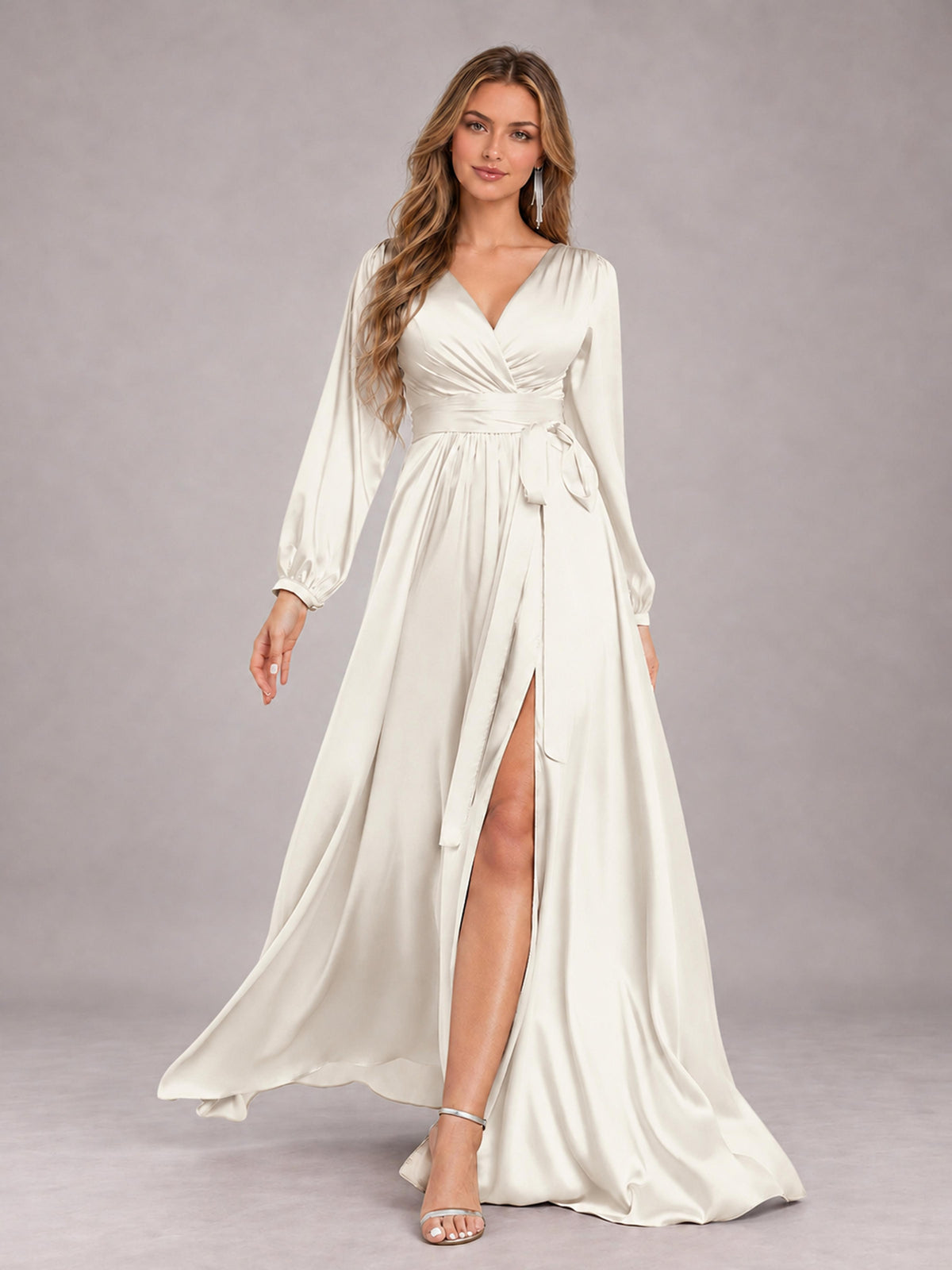 Ivory Gorgeous V-Neck Long Sleeves Pleated Satin Formal Bridesmaid Dresses With Slit