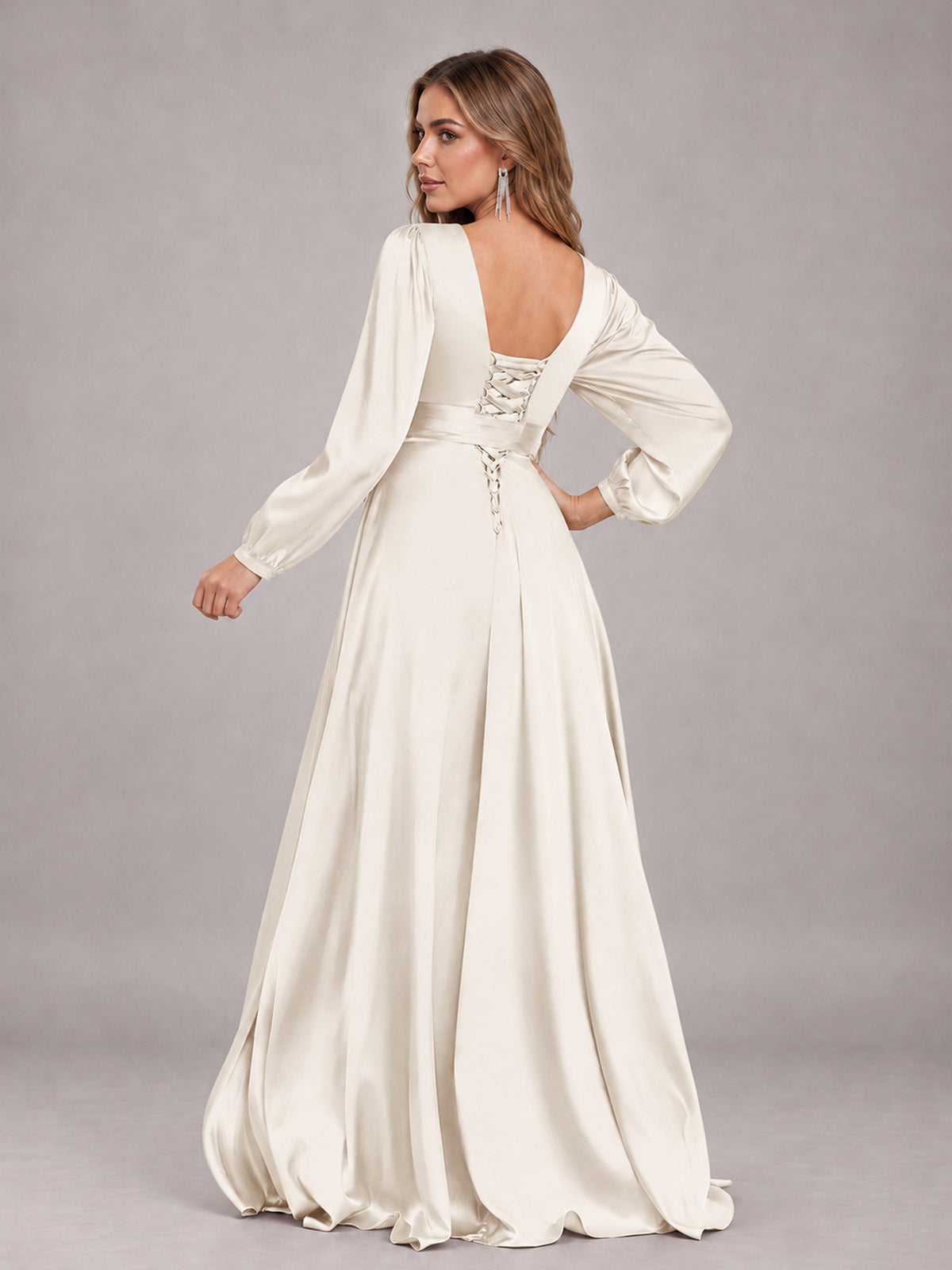 Ivory Gorgeous V-Neck Long Sleeves Pleated Satin Formal Bridesmaid Dresses With Slit