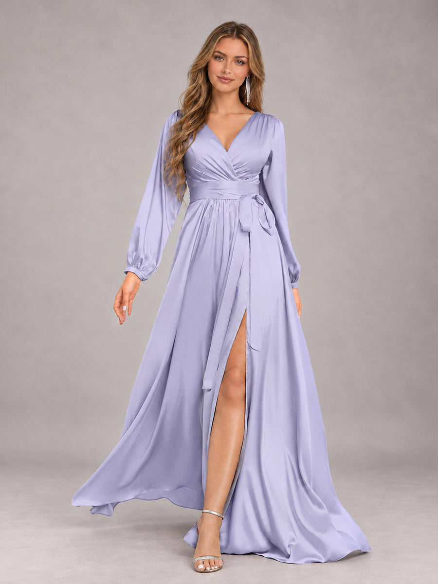 Lavender Gorgeous V-Neck Long Sleeves Pleated Satin Formal Bridesmaid Dresses With Slit