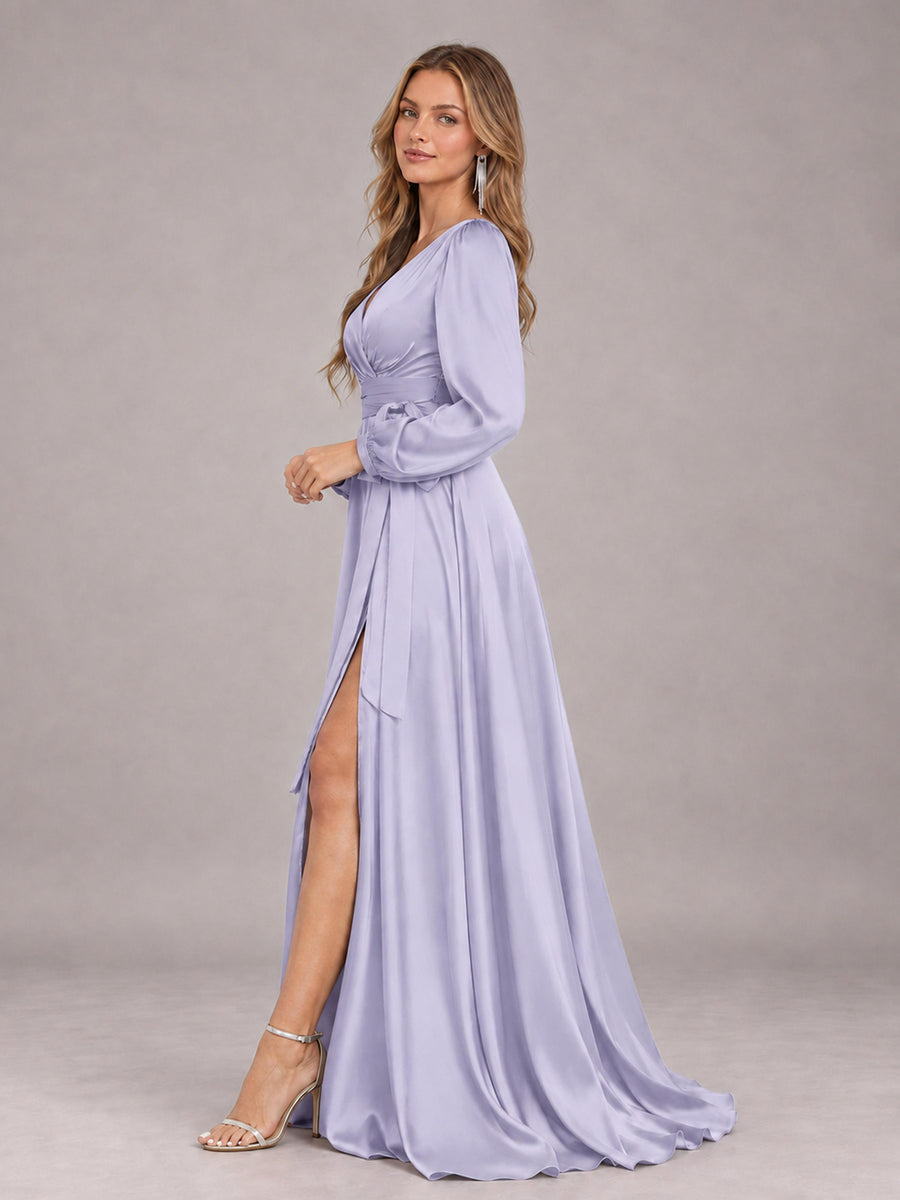 Lavender Gorgeous V-Neck Long Sleeves Pleated Satin Formal Bridesmaid Dresses With Slit