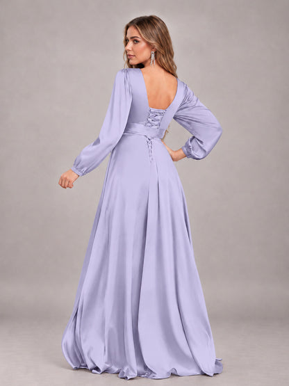 Lavender Gorgeous V-Neck Long Sleeves Pleated Satin Formal Bridesmaid Dresses With Slit