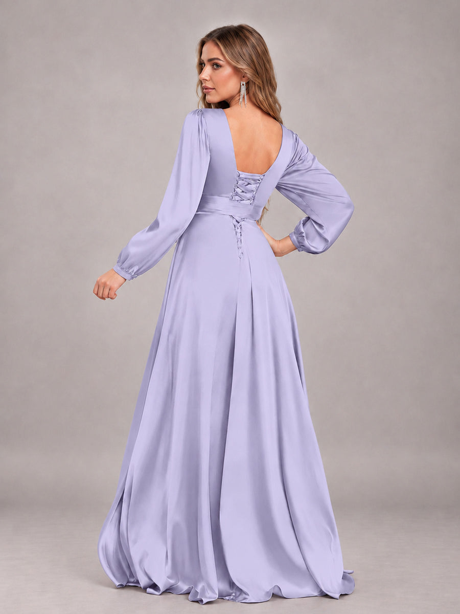 Lavender Gorgeous V-Neck Long Sleeves Pleated Satin Formal Bridesmaid Dresses With Slit