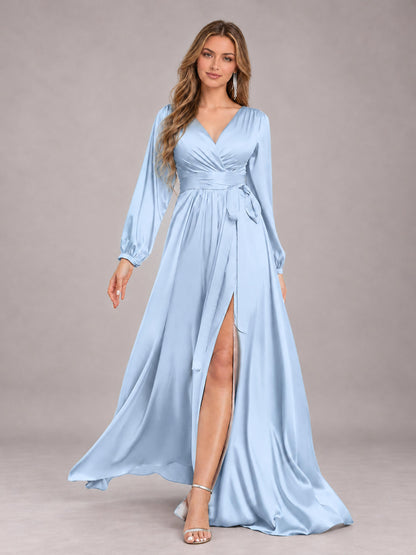 Light Blue Gorgeous V-Neck Long Sleeves Pleated Satin Formal Bridesmaid Dresses With Slit