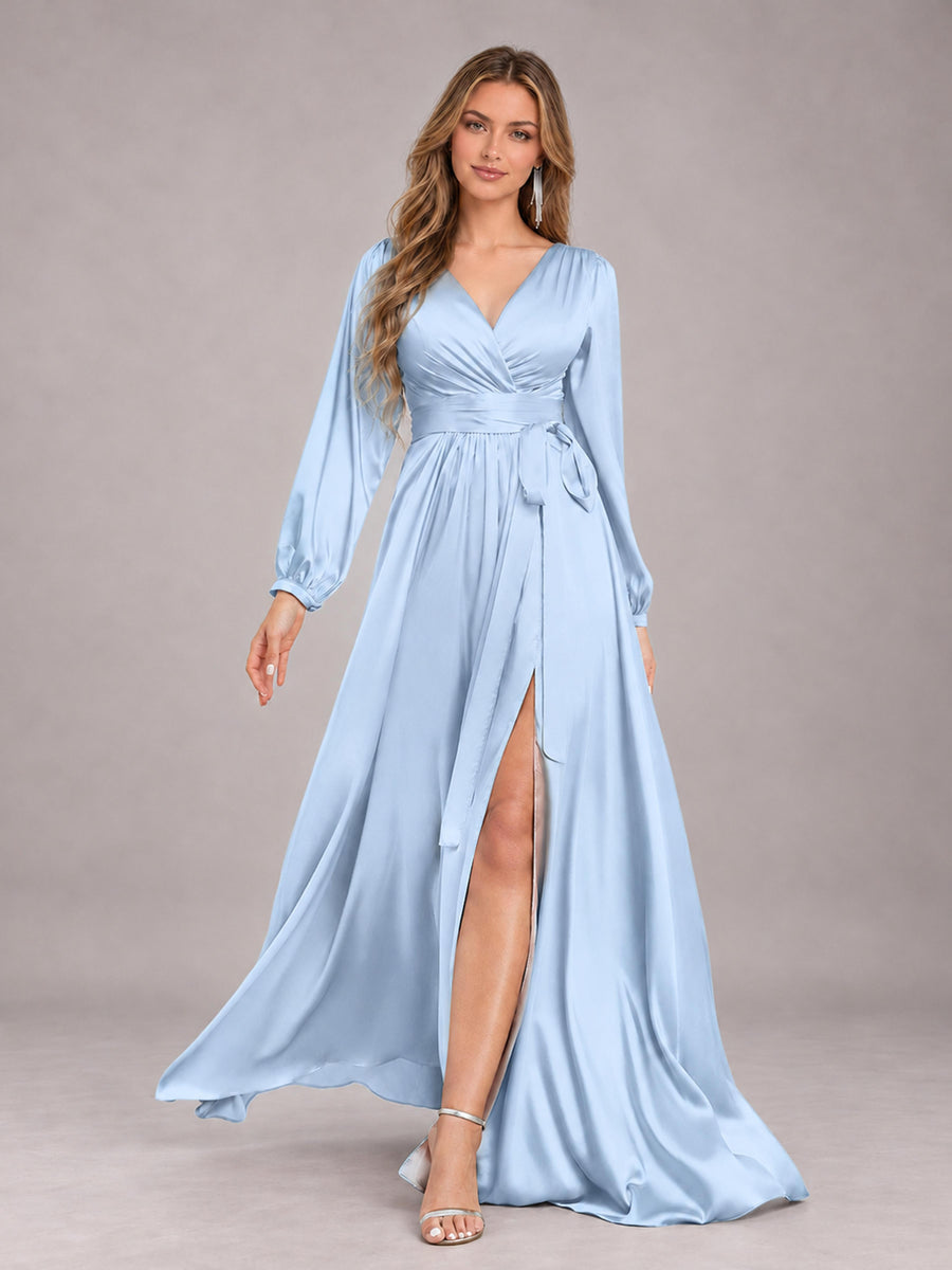 Light Blue Gorgeous V-Neck Long Sleeves Pleated Satin Formal Bridesmaid Dresses With Slit