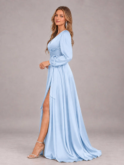 Light Blue Gorgeous V-Neck Long Sleeves Pleated Satin Formal Bridesmaid Dresses With Slit