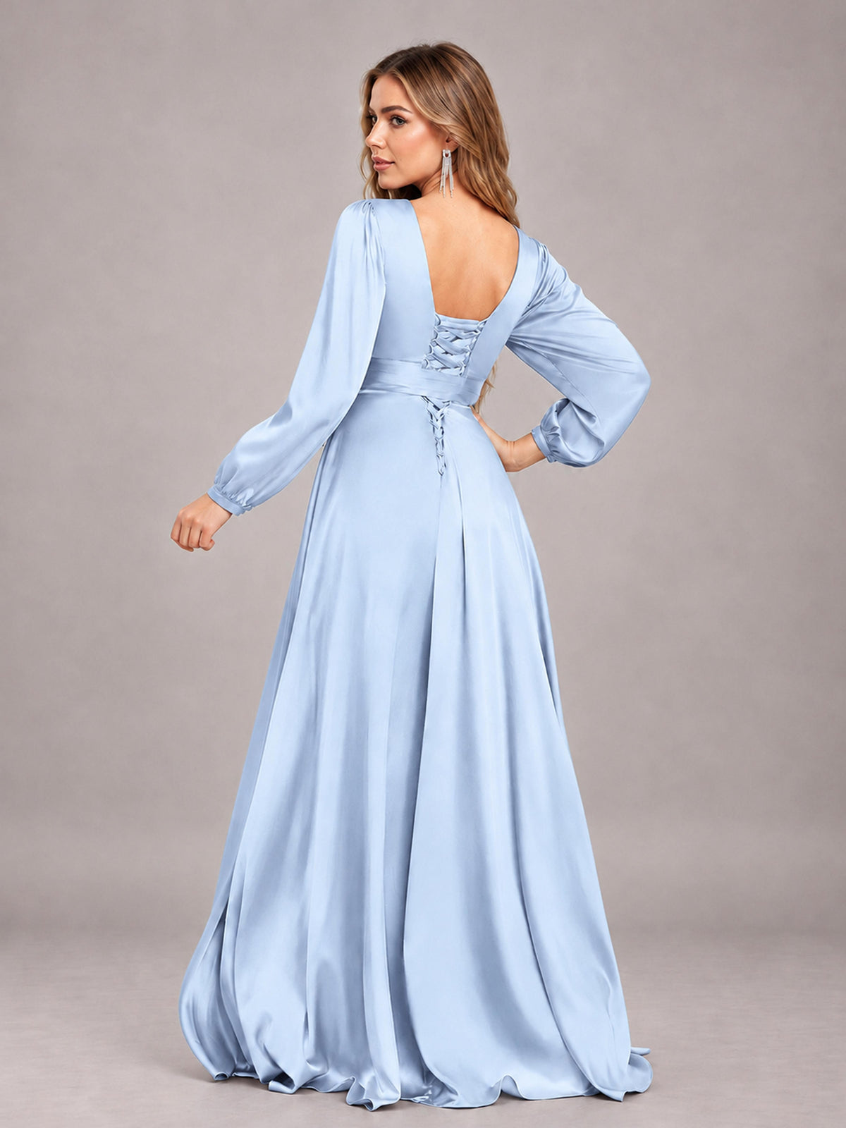 Light Blue Gorgeous V-Neck Long Sleeves Pleated Satin Formal Bridesmaid Dresses With Slit