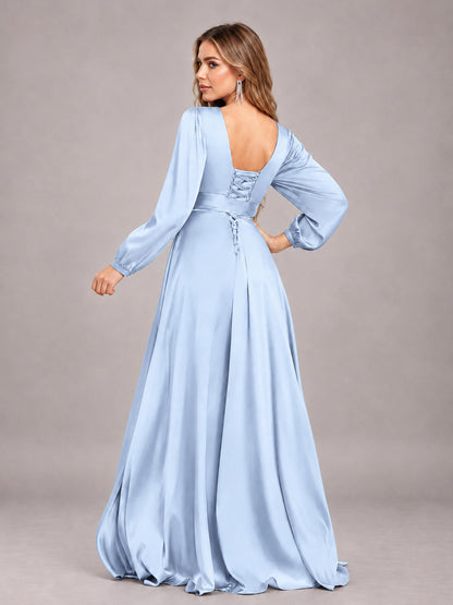 Light Blue Gorgeous V-Neck Long Sleeves Pleated Satin Formal Bridesmaid Dresses With Slit