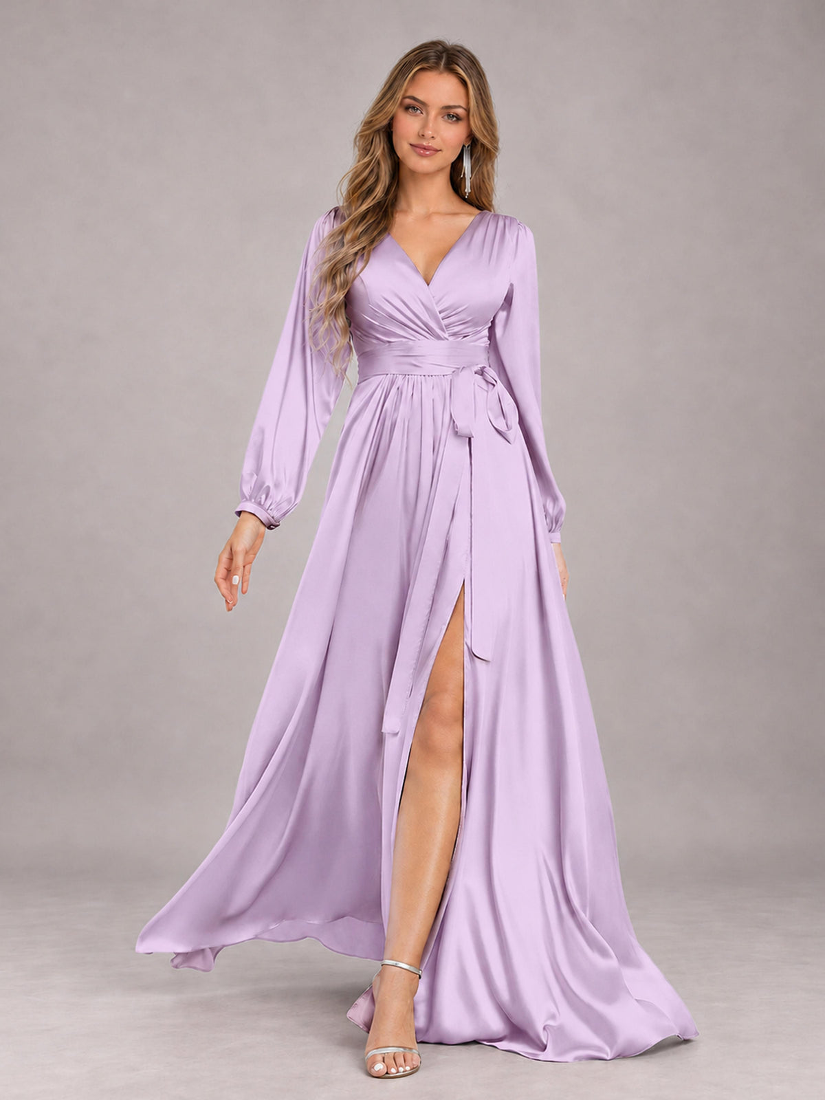 Lilac Gorgeous V-Neck Long Sleeves Pleated Satin Formal Bridesmaid Dresses With Slit
