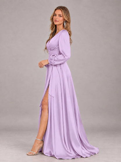 Lilac Gorgeous V-Neck Long Sleeves Pleated Satin Formal Bridesmaid Dresses With Slit