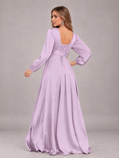 Lilac Gorgeous V-Neck Long Sleeves Pleated Satin Formal Bridesmaid Dresses With Slit