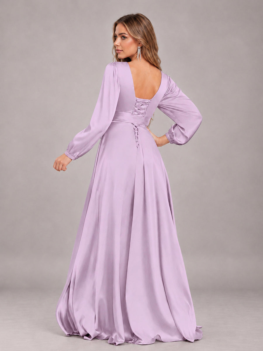 Lilac Gorgeous V-Neck Long Sleeves Pleated Satin Formal Bridesmaid Dresses With Slit